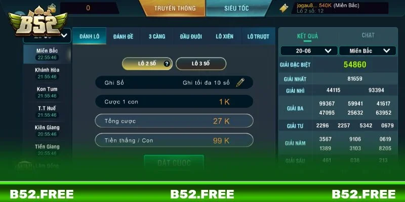 Sân chơi có cơ chế tính thưởng lô đề 1 ăn 900 B52 rất rõ ràng